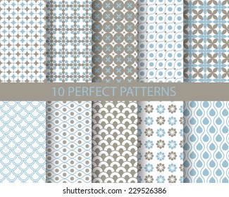 10 cute blue seamless patterns, Pattern Swatches, vector, Endless texture can be used for wallpaper, pattern fills, web page,background,surface