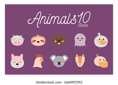10 Cute cartoons flat style icon set design, Animal zoo life nature character childhood and adorable theme Vector illustration
