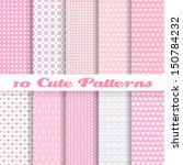 10 Cute different vector seamless patterns (tiling). Pink color. Endless texture can be used for sweet romantic wallpaper, pattern fills, web page background, surface textures. Heart and dot shape.