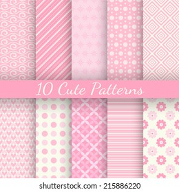 10 Cute different vector seamless patterns. Pink and white colors. Endless texture can be used for sweet romantic wallpaper, pattern fill, web page background, surface textures.