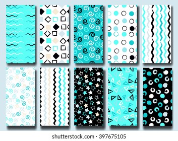 10 Cute different vector seamless patterns . Wavy lines, squares, swirl, circles, brush strokes, triangles and stars.  Endless texture can be used for printing onto fabric or paper.