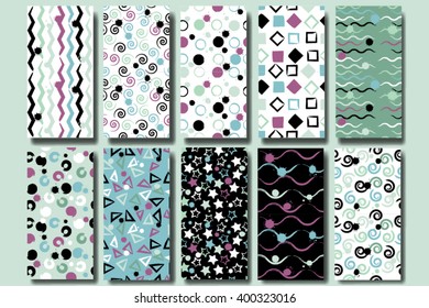 10 Cute different vector seamless patterns . Wavy lines, squares, swirl, circles, brush strokes, triangles and stars.  Endless texture can be used for printing onto fabric or paper.