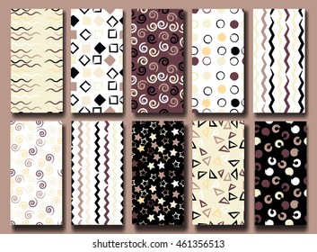 10 Cute different vector seamless patterns . Wavy lines, brush strokes, swirl, circles, triangles and hearts. Endless texture can be used for printing onto fabric or paper.
