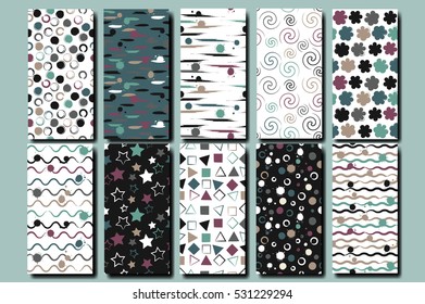10 Cute different vector seamless patterns . Wavy lines, squares, swirl, circles, triangles and stars. Brush strokes and blots. Endless texture can be used for printing onto fabric or paper.