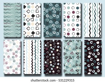 10 Cute different vector seamless patterns . Wavy lines, squares, swirl, circles, brush strokes, triangles and stars. Endless texture can be used for printing onto fabric or paper.