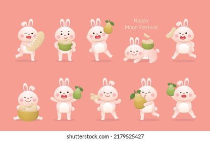 10 Cute Rabbit Mascot Characters with Mid-Autumn Festival and Pomelo