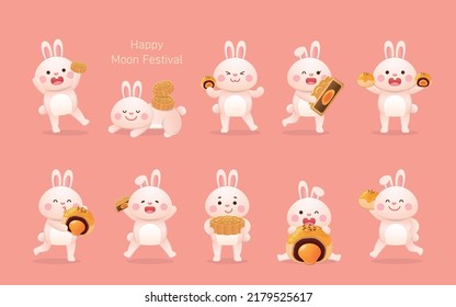 10 Cute Rabbit Mascot Characters and Traditional Food or Dessert for Mid-Autumn Festival: Mooncakes