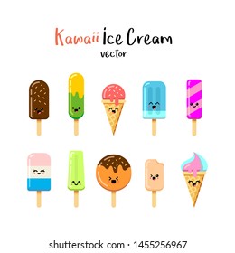 10 Cute smiling ice creams in japan kawaii style. Hot summer time. Tasty sweet cold dessert food flat vector illustration