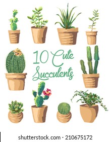 10 Cute succulents vector graphic set