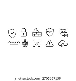 10 iconos de línea de autenticación biométrica, VPN y ciberseguridad para plataformas seguras
Un potente conjunto de iconos con VPN, 2FA, campos de Contraseña, biometría y imágenes de almacenamiento seguro en la nube.