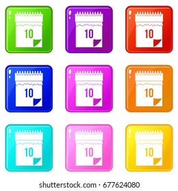 10 date calendar icons of 9 color set isolated vector illustration