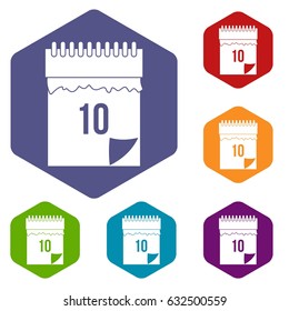 10 date calendar icons set hexagon isolated vector illustration
