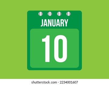 Vector de calendario de 10 días de enero. Icono de la página del calendario para el mes de enero con pin metálico. Calendario sobre fondo verde.