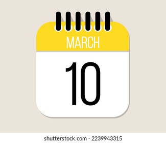 10 day March calendar vector. March month calendar page icon in yellow.