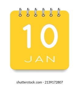 10 días del mes. Enero. Icono de calendario amarillo lindo diario. Fecha día semana domingo, lunes, martes, miércoles, jueves, viernes, sábado. Corta papel. Fondo blanco. Ilustración vectorial.