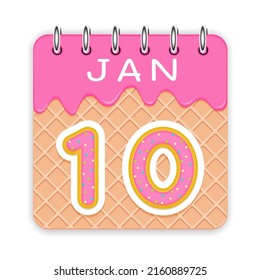 10 day of a month. January. Waffle cone calendar with melted ice cream. 3d daily icon. Date. Week Sunday, Monday, Tuesday, Wednesday, Thursday, Friday, Saturday. White background Vector illustration