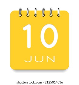 10 day of the month. June. Cute yellow calendar daily icon. Date day week Sunday, Monday, Tuesday, Wednesday, Thursday, Friday, Saturday. Cut paper. White background. Vector illustration.