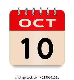 10 day of the month. October. Flip old formal calendar. 3d daily icon. Date. Week Sunday, Monday, Tuesday, Wednesday, Thursday, Friday, Saturday. Cut paper. White background. Vector illustration.