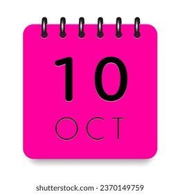 10 day of the month. October. Pink calendar daily icon with black letter. Date day week Sunday, Monday, Tuesday, Wednesday, Thursday, Friday, Saturday. Cut paper. White background. Vector illustration