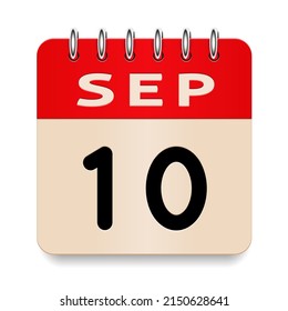 10 day of the month. September. Flip old formal calendar. 3d daily icon. Date. Week Sunday, Monday, Tuesday, Wednesday, Thursday, Friday, Saturday. Cut paper. White background. Vector illustration.