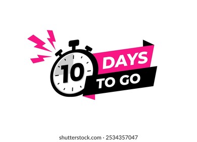 10 days to go banner label, countdown timer sticker vector illustration with stopwatch