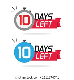 10 days left or to go sale countdown vector icons set, ten number remaining special offer promotion symbols banner for time discount announcement marketing element badge sign blue red color
