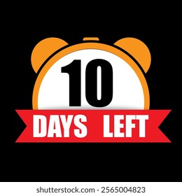 10 days left icon. Countdown clock symbol. Bold number ten text. Black red white design.