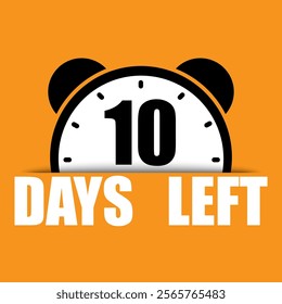 10 days left icon. Countdown clock symbol. Bold number ten text. Bright orange background.