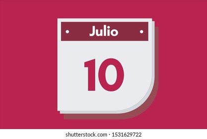 10 de Julio. Dia del mes. Calendario (July 10th. Day of month. Calendar in spanish) vector illustration icon.