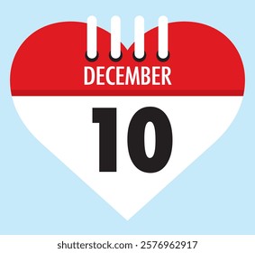 10 December calendar icon red heart shape on light sky blue color background, calendar vector symbol for the month of December.