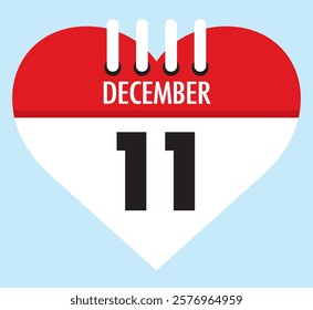 10 December calendar icon red heart shape on light sky blue color background, calendar vector symbol for the month of December.