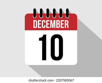 Icono vectorial del calendario 10 de diciembre. Fecha de diciembre rojo para los días del mes