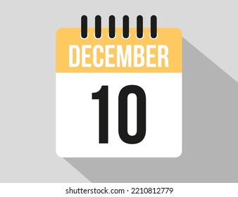 10 December calendar vector icon. Yellow december date for the days of the month and week