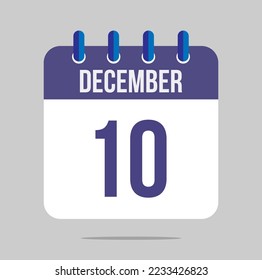 10 december calendar vector. Calendar icon for december with marked date. Design for schedules, meetings and appointments