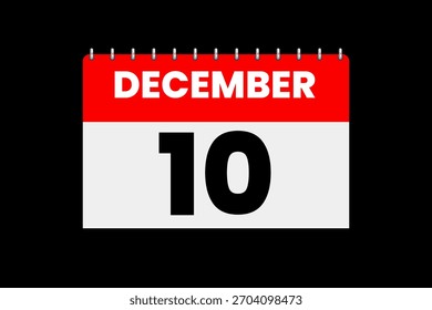10 de diciembre mes Vector de un solo día, ilustración, calendario con rojo, blanco y negro color de fondo icono de calendario de 10 de diciembre