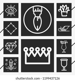 10 decoration  outline style icons about cup, crown, view, plant, diamond, mai thai, sleigh, fireworks, square