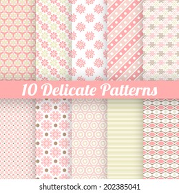 10 Delicate lovely vector seamless patterns (tiling). Fond pink, green, white and brown colors. Endless texture can be used for printing onto fabric and paper or invitation. Stripe and flower shapes.