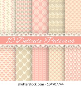 10 Delicate loving wedding vector seamless patterns (tiling). Fond pink, green, white and beige color. Endless texture can be used for printing onto fabric and paper or invitation. Heart, flower, curl