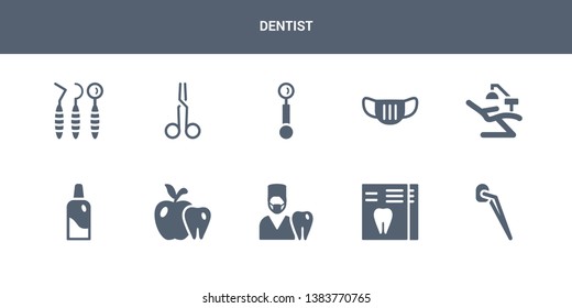 10 dentist vector icons such as dental veneer, dental x ray, dentist, dentist apple, bottle with liquid contains chair, mask, mirror, scissors, tools. icons