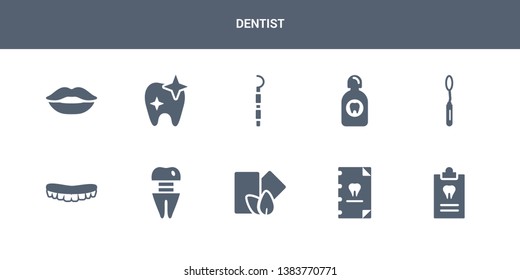 10 dentist vector icons such as medical prescription, medical record, mint gum, molar crown, mouth contains mouth mirror, mouth wash, periodontal scaler, shiny tooth, smiling. dentist icons