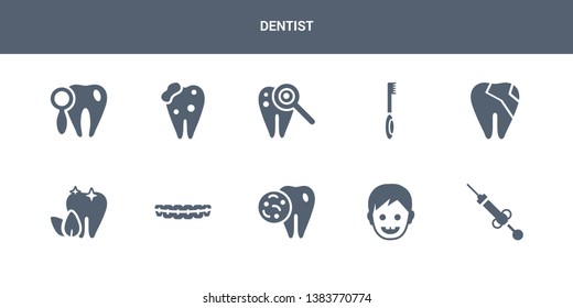 10 dentist vector icons such as anesthesia, baby dental, bacteria in mouth, braces, breath contains broken tooth, brushing teeth, caries, cavities, check up. dentist icons