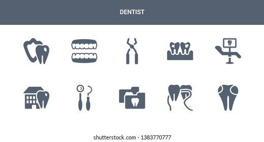 10 dentist vector icons such as dental filling, dental floss, dental folder, hook, house contains monitor, plaque, probe, prosthesis, protection. dentist icons