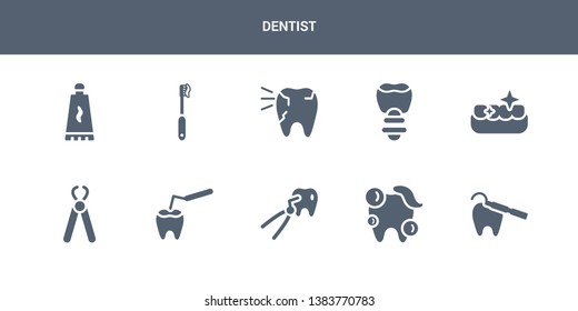 10 dentist vector icons such as teeth, tooth cleaning, tooth extraction, tooth filling, pliers contains whitening, with metallic root, toothache, toothbrush, toothpaste. dentist icons