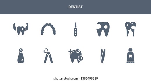 10 dentist vector icons such as toothpaste tube, tweezers, white teeth, wisdom tooth, apicoectomy contains bicuspid, cavity, intraoral, lingual braces, prophylaxis. dentist icons