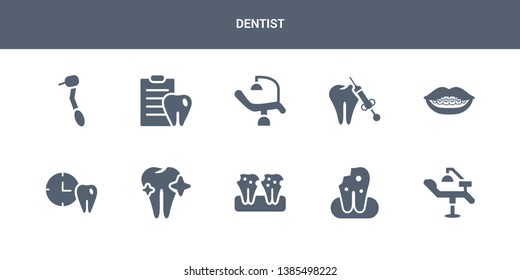 10 dentist vector icons such as clinic, damaged tooth, decay, dental, dental appointment contains dental brackets, care, chair, checkup, drill. dentist icons