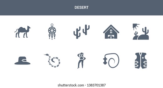 10 desert vector icons such as cowboy vest, cowboy whip, cowgirl, crotalus, desert hat contains desert landscape, saloon, tree, dream catcher, dromedary. icons