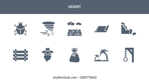 10 desert vector icons such as noose, oasis, old money bag, outlaw, paddock contains rock, rug, salty desert, sandstorm, scarab. desert icons