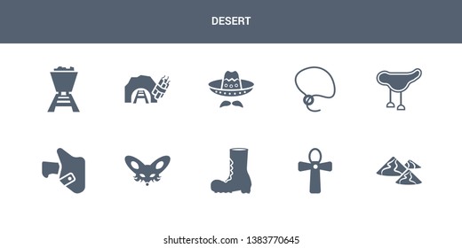 10 desert vector icons such as dunes, egypt, far west boot, fennec, holster contains horse saddle, lasso, mexican hat, mine, mine wagon. desert icons
