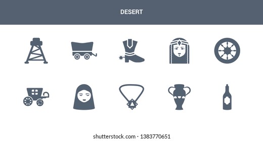 10 desert vector icons such as alcohol bottle, amphora, amulet, arab, carriage contains cart wheel, cleopatra, cowboy boot, cowboy cart, cowboy tower. desert icons