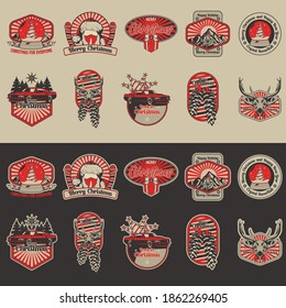 10 Design Badge Vintage Set Collection Dark and Light Car Deer Hat Santa Clause Snowflake Ribbon Tree Mountain Illustration Vector Isolated Graphic  
